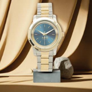 Elegante Monograma Dourado de Relógio Metálico Azu