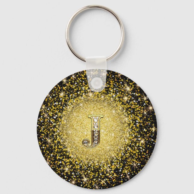 Elegante Monograma Dourado J - Letra chaveiro de p (Frente)