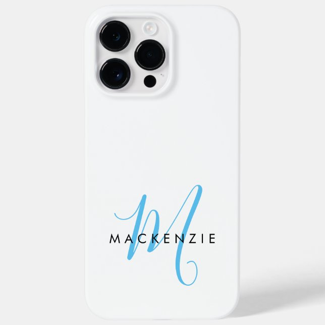 Elegante Monograma Moderno em Branco e Azul Céu co (Verso)
