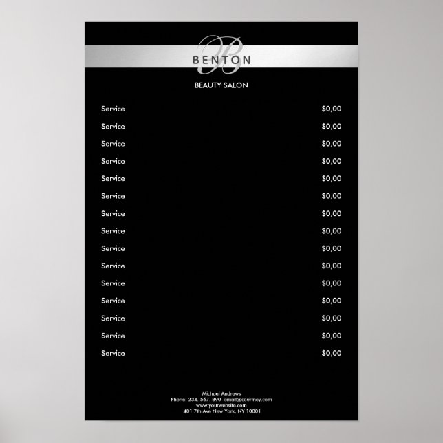 Elegante Monograma Poster de Pricelista Preto de P (Frente)