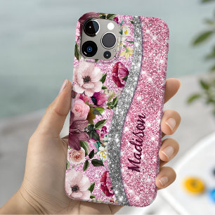 Elegante monograma roxo rosa prata glitter floral 