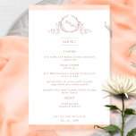 Elegante Monogrammed Peach Watercolor Menu<br><div class="desc">Bem-vindos aos seus convidados à mesa com este elegante menu de casamento monograma, com um belo monograma de folhas desenhado à mão com casais iniciais, e listras de cor d'água de pêssego. De volta com uma bela lavagem a aquarela numa variedade de pêssego, creme, coral e matizes de laranja empoeirados....</div>