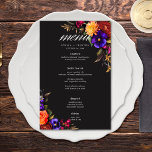 Elegante Moody Vibrant Harvest Floral Wedment Menu<br><div class="desc">Abraçar a beleza opulente de uma colheita floral de outono com o nosso cardápio de casamento cativante. Um fundo preto dramático, mas macio, proporciona a canvas perfeita para um buquê surpreendentemente realista. Imagine uma vibrante explosão de cor, apresentando rosas em laranja e magenta escura, com pequenas flores magenta cor-de-rosa e...</div>
