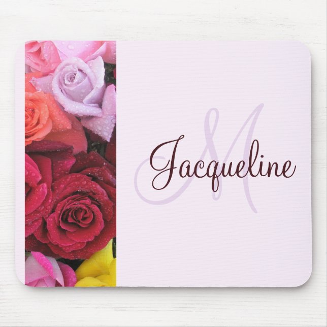 Elegante Mouse Pad Feminino com Rosa Monogramada (Frente)