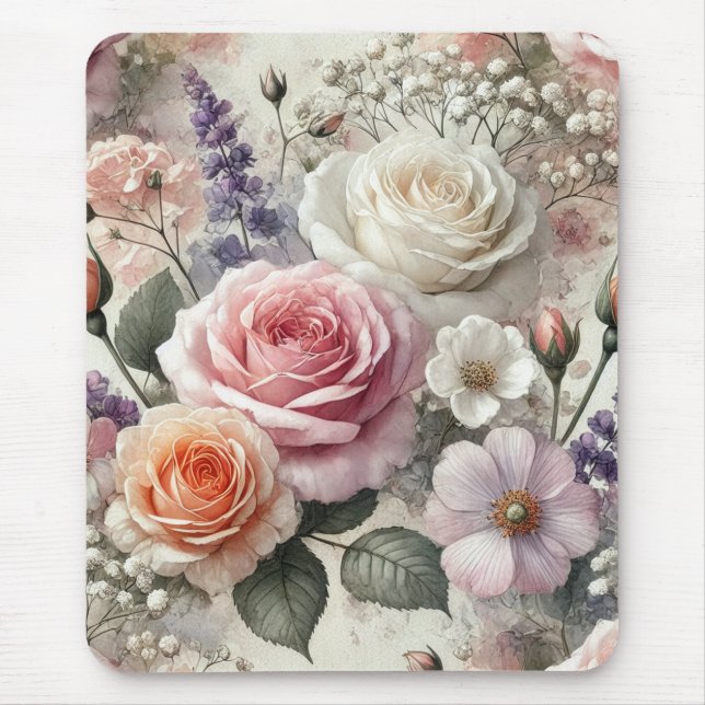 Elegante Mousepad Aquarela Rosas Rosa Brancas (Frente)