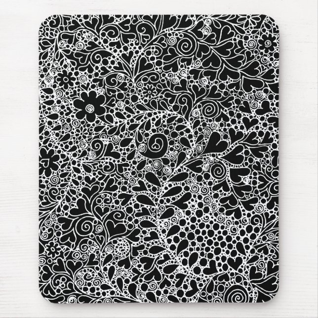 Elegante Mousepad de Arte em Renda Floral Preta e  (Frente)
