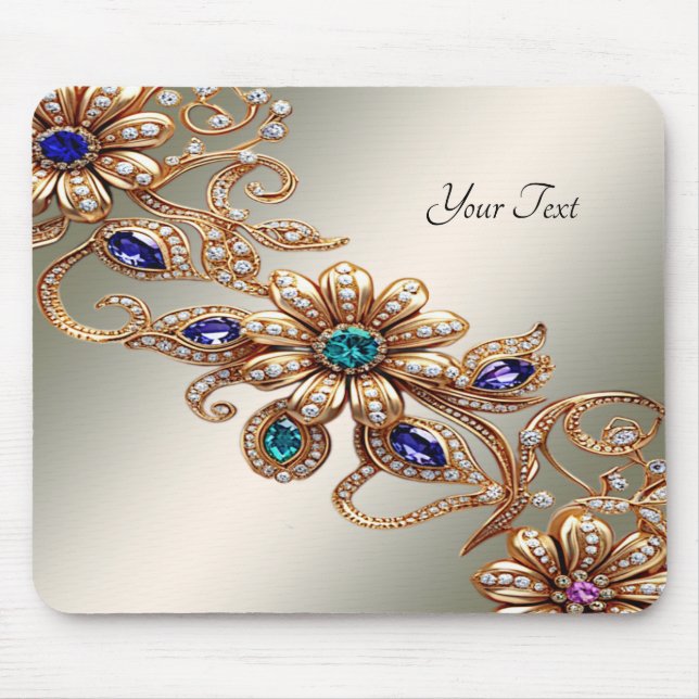 Elegante Mousepad de Flores Jóias Douradas (Frente)