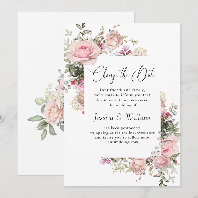Elegante Mudança de Data de Rosas Anúncio de Casam (Frente/Verso)