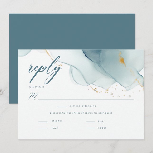 Elegante Ocean Beach Dusty Blue Wedal RSVP (Frente/Verso)