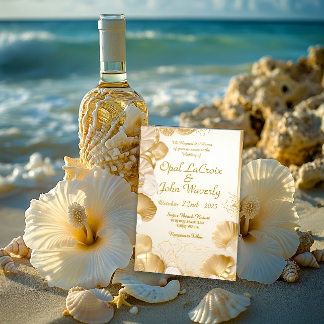 Elegante Opal e Convite para Casamento de Seashell (Elegant Coastal Destination Wedding Opal and Gold Seashells Wedding Invitation )