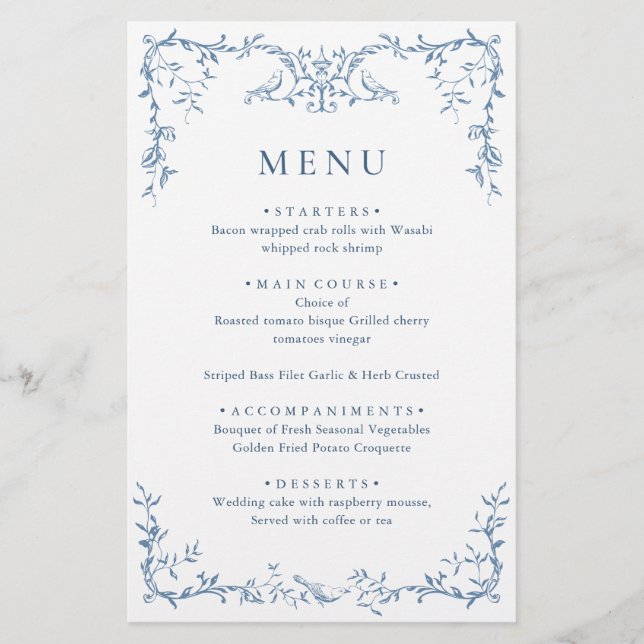 Elegante Ornamentado Vitoriano Blue Floral Menu (Frente)