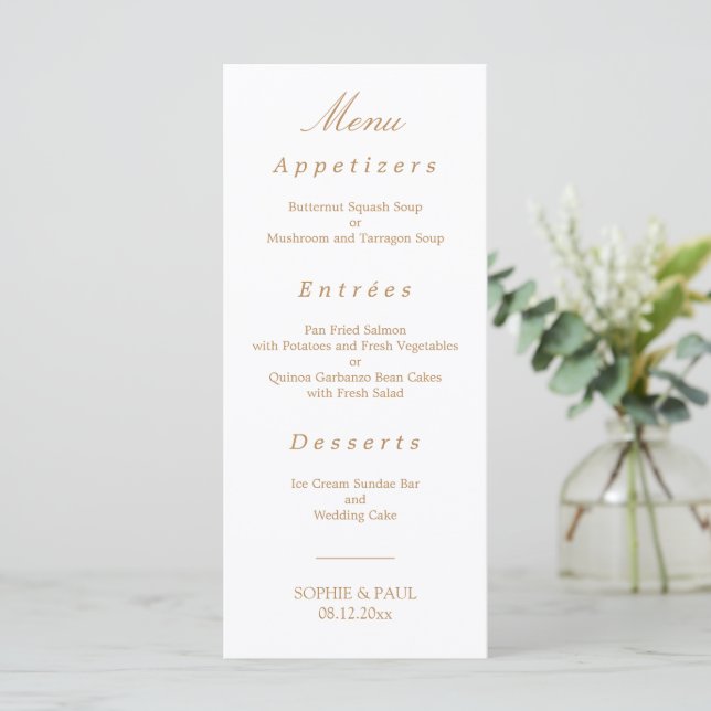 Elegante Ouro Branco Beige Wedding Menu (Em pé/Frente)