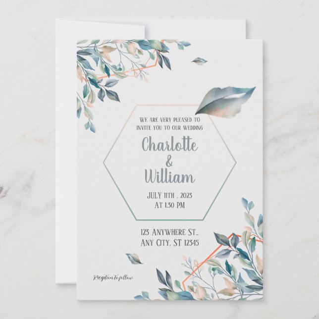 Elegante Ouro Greenery deixa Convite para Casament (Frente)