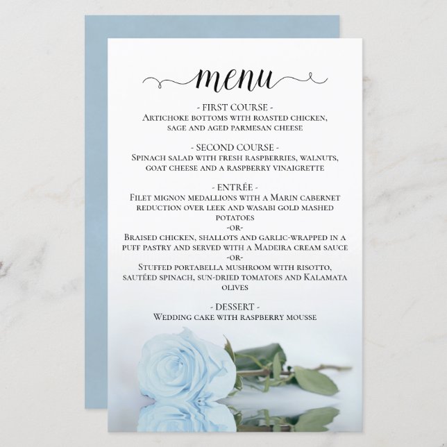 Elegante Pale Dusty Blue Rosa Budget Menu Casament (Frente/Verso)