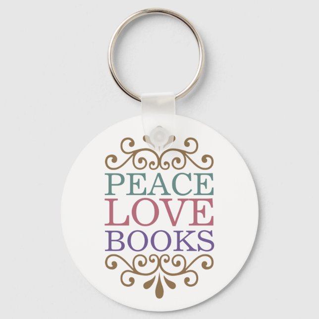 Elegante Peace, Love, Books Chaveiro (Light) (Frente)