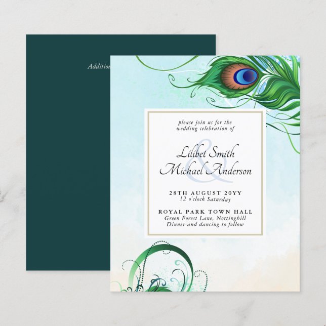 Elegante PEACOCK Convite de casamento DE PENA (Frente/Verso)