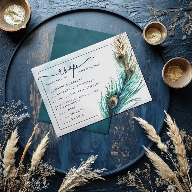 Elegante Peacock & Teal - Lavish RSVP Card (Criador carregado)