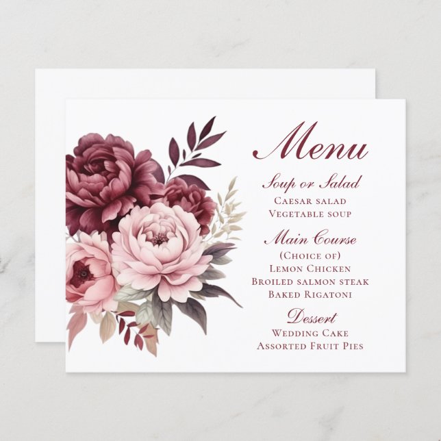 Elegante Peony Burgundy - Menu Floral (Frente/Verso)