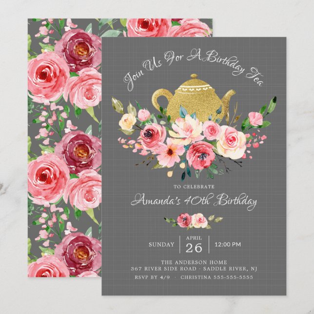 Elegante Peony Floral Birthday Tea Convite (Frente/Verso)