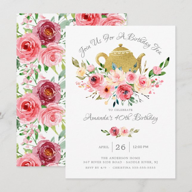 Elegante Peony Floral Birthday Tea Convite (Frente/Verso)
