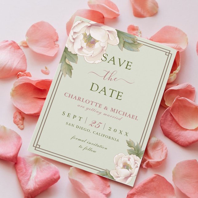 Elegante Peony Sage e Blush Weding Save the Date (Criador carregado)