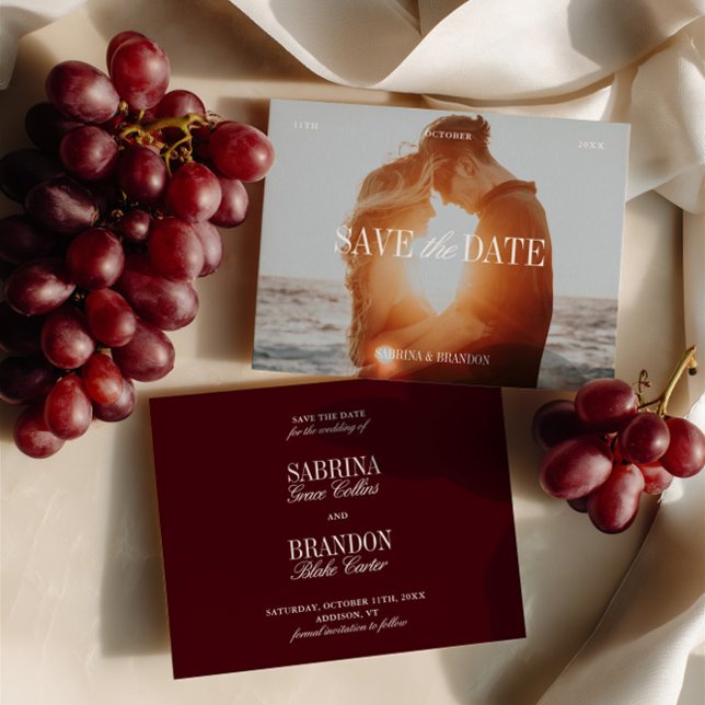 Elegante Photo Burgundy Salve o Cartão de Data (Elegant Photo Burgundy Save the Date Card)
