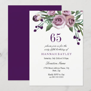 Elegante Plum Purple Rosa 65º Convite de Aniversár