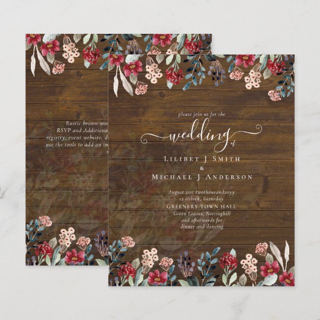 Elegante Pó Azul Borgonha Floral Casamento (Frente/Verso)