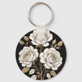 Elegante Porta-Chaves Flor de Rosa Branco e Dourad