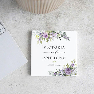 Elegante Porta-Copos Quadrado Floral Roxo de Casam