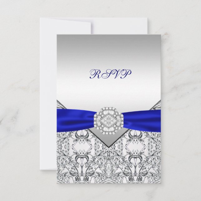 Elegante Prata e Azul Real Casamento RSVP (Frente)
