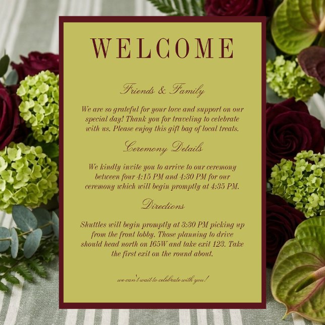Elegante Programa de Boas-Vindas de Casamento em C (Elegant Chartreuse Burgundy Wedding Welcome Program)