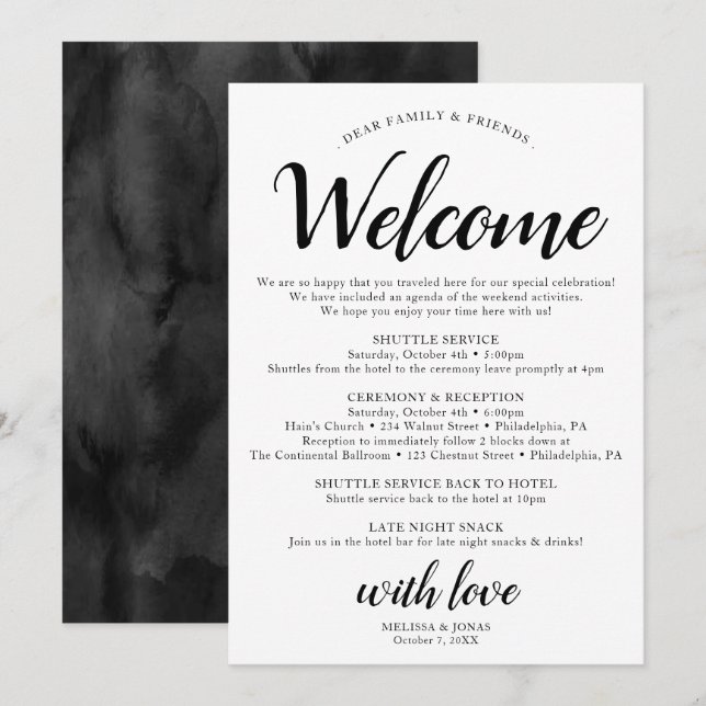 Elegante Programa de Itinerário de Casamento Preto (Frente/Verso)