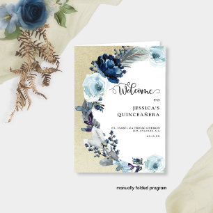 Elegante Programa Floral Azul e Dourado de Quincea