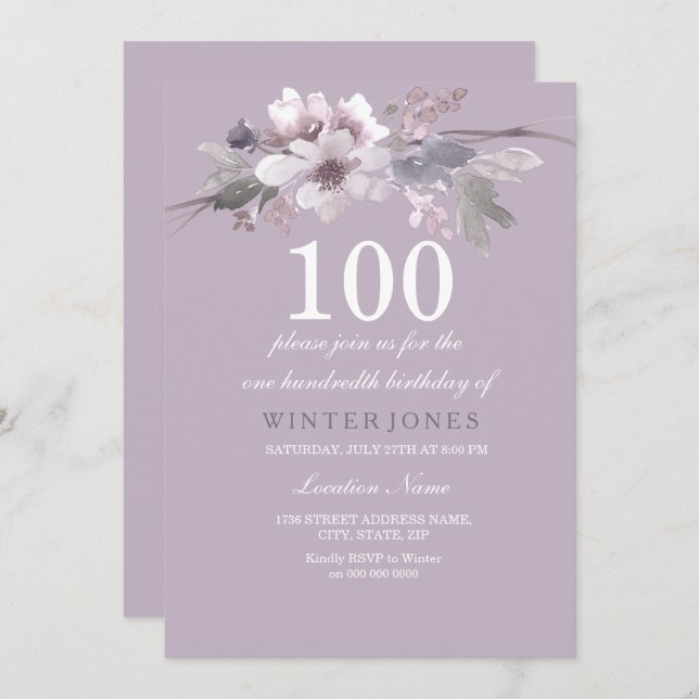 Elegante Purple Floral 100th Convite para Festas d (Frente/Verso)