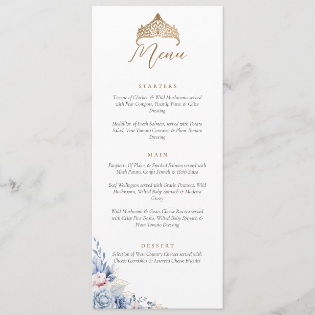 Elegante Quinceanera Dourada Tiara Menu Floral (Frente)