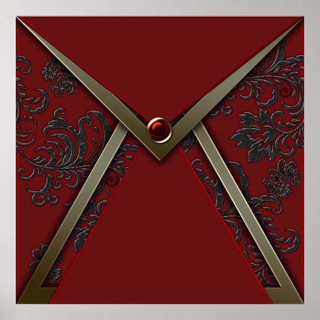 Elegante Red Black Damask Dourado Event Poster (Frente)