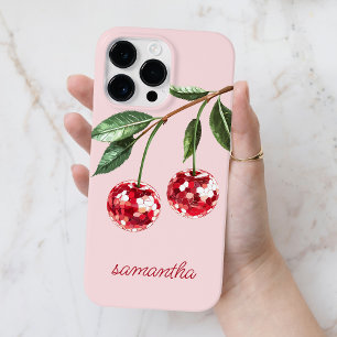 Elegante Red Cherry Personalised Script Name Pink