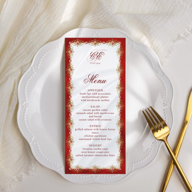 Elegante Red White Dourado Monograma Menu Casament (Criador carregado)