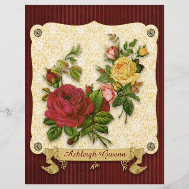 Elegante Red Yellow Roses Damask Vintage Cutouts (Frente)