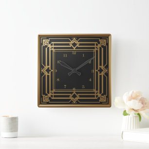 Elegante relógio de parede quadrado Art Déco em ou