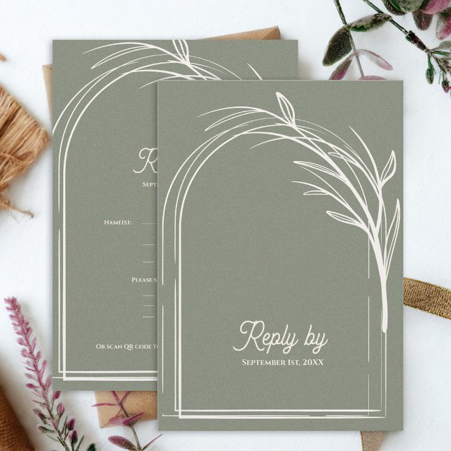 Elegante Resposta de Casamento em Verde Sage com C (Sage Green Minimalist Arch Botanical Wedding RSVP Card with QR Code | Modern Wedding Reply Card)