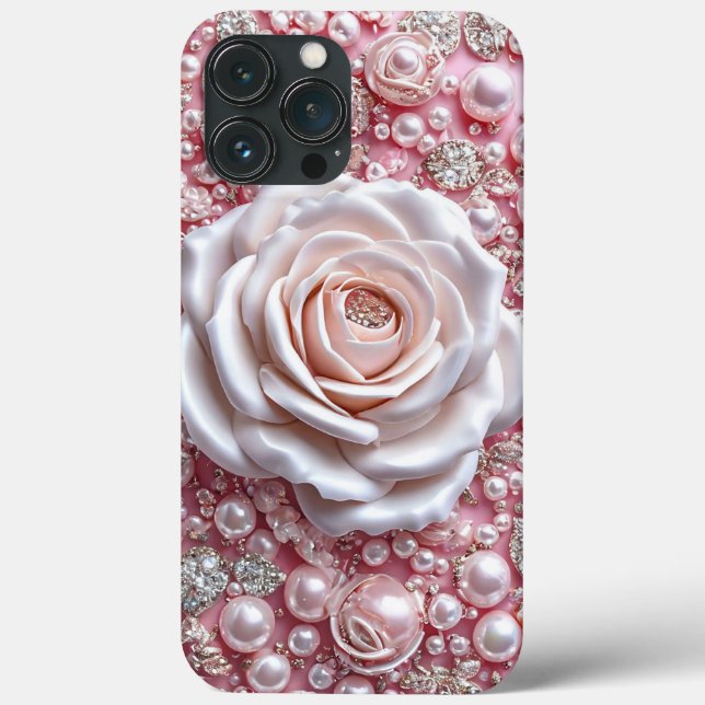 Elegante Rosa Branca e Pérolas Rosa Brilhantes (Verso)
