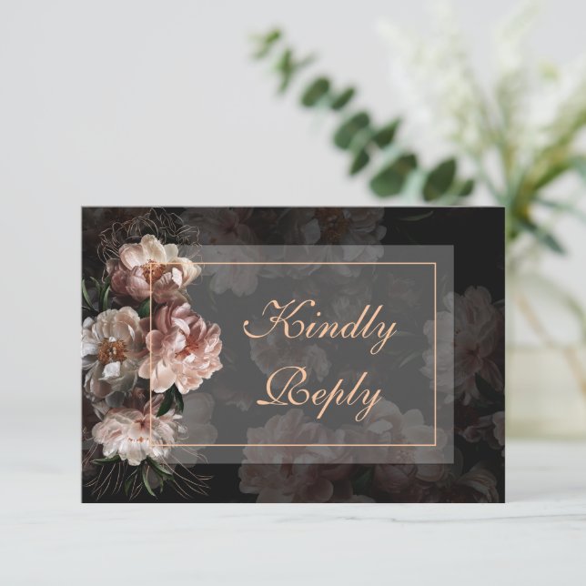 Elegante Rosa Dourada de Noite RSVP de Casamento (Em pé/Frente)