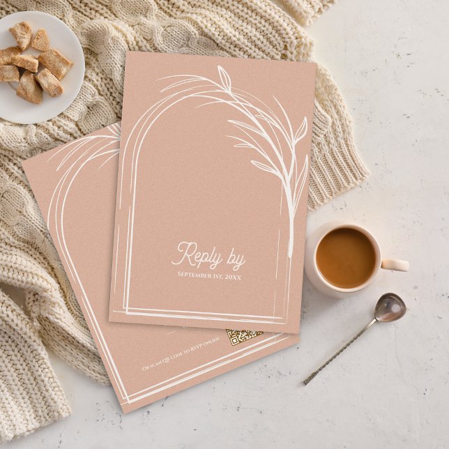 Elegante Rosa Empoeirada Com Resposta de Casamento (Dusty Rose Minimalist Arch Botanical Wedding RSVP Card with QR Code | Romantic Wedding Reply Card)