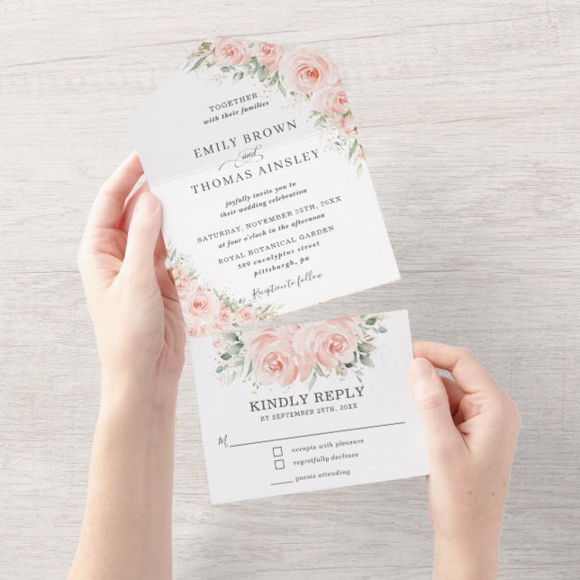 Elegante Rosa Floral de Blush Verde Casamento Verd (Aba destacável)