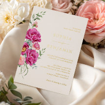 Elegante Rosa Floral Vibrante Casamento Dourado