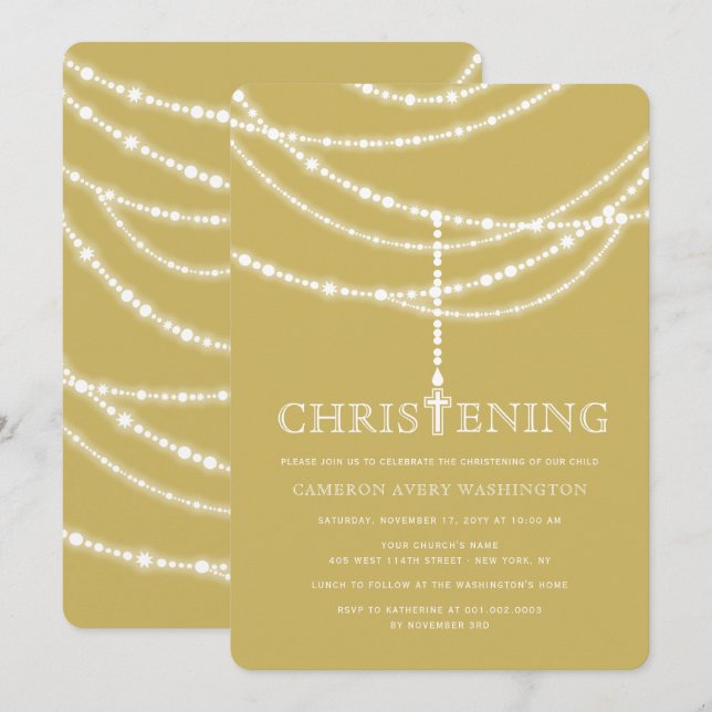 Elegante Rosary Cross Sparkles Christening Convite (Frente/Verso)