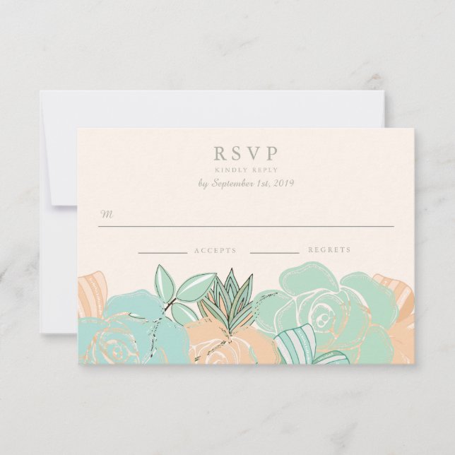 Elegante Rosas de Pêssego Mint Floral Wedding RSVP (Frente)