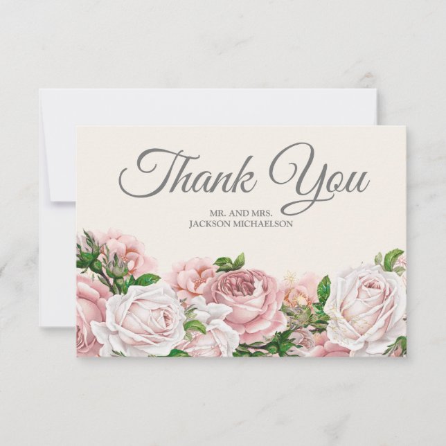 Elegante Rótulo Rosas Rosa Creme Agradecimento Cas (Frente)